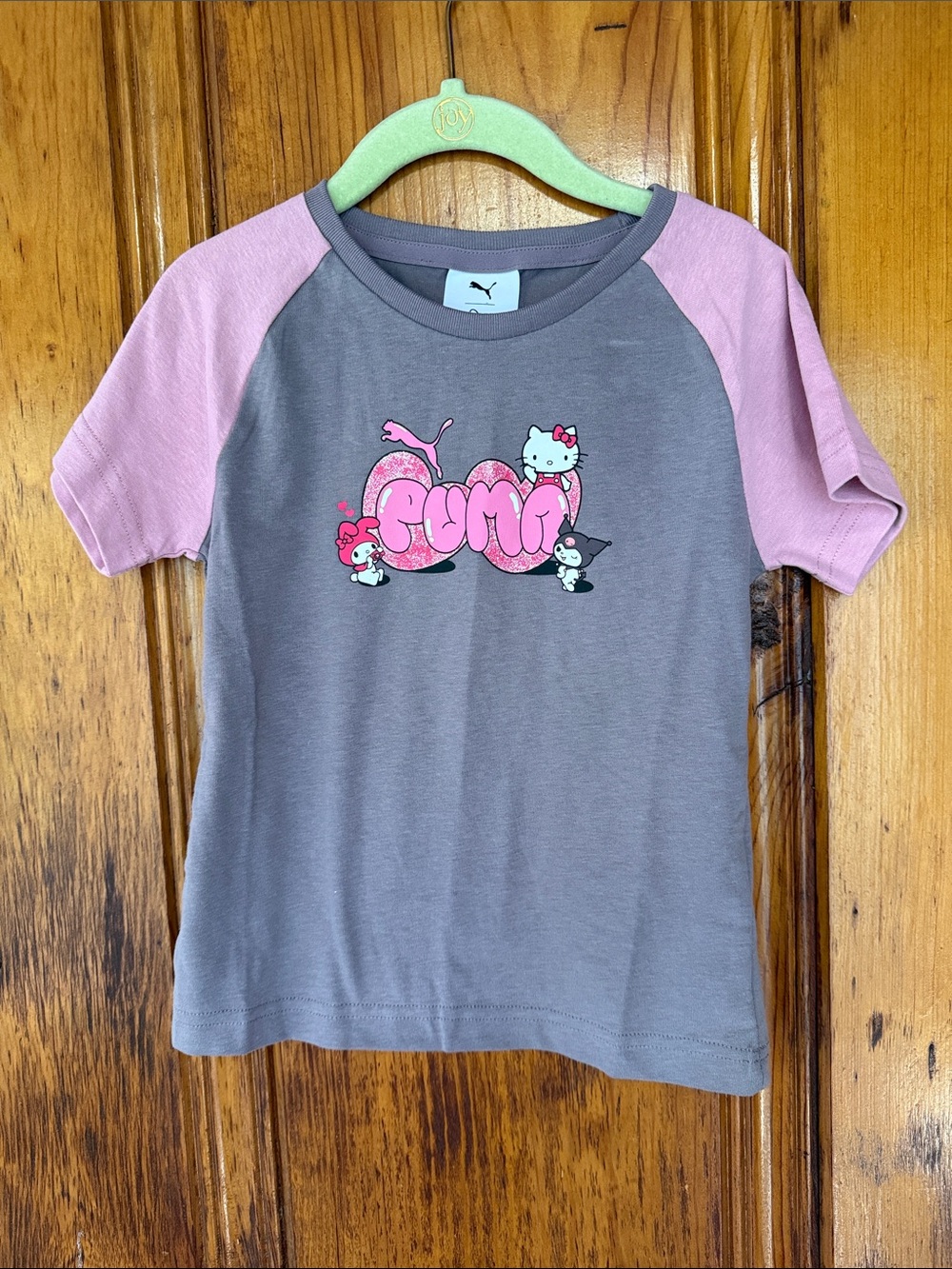 Puma Girls Gray Tee with Pink Raglan Sleeves & Hello Kitty Graphic
